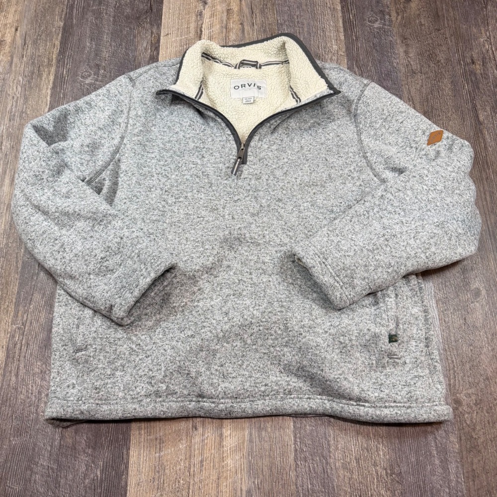 Orvis Pullover Men XXL Gray Sherpa Lined Quarter 1/4 Zip Heathered Knit Sweater